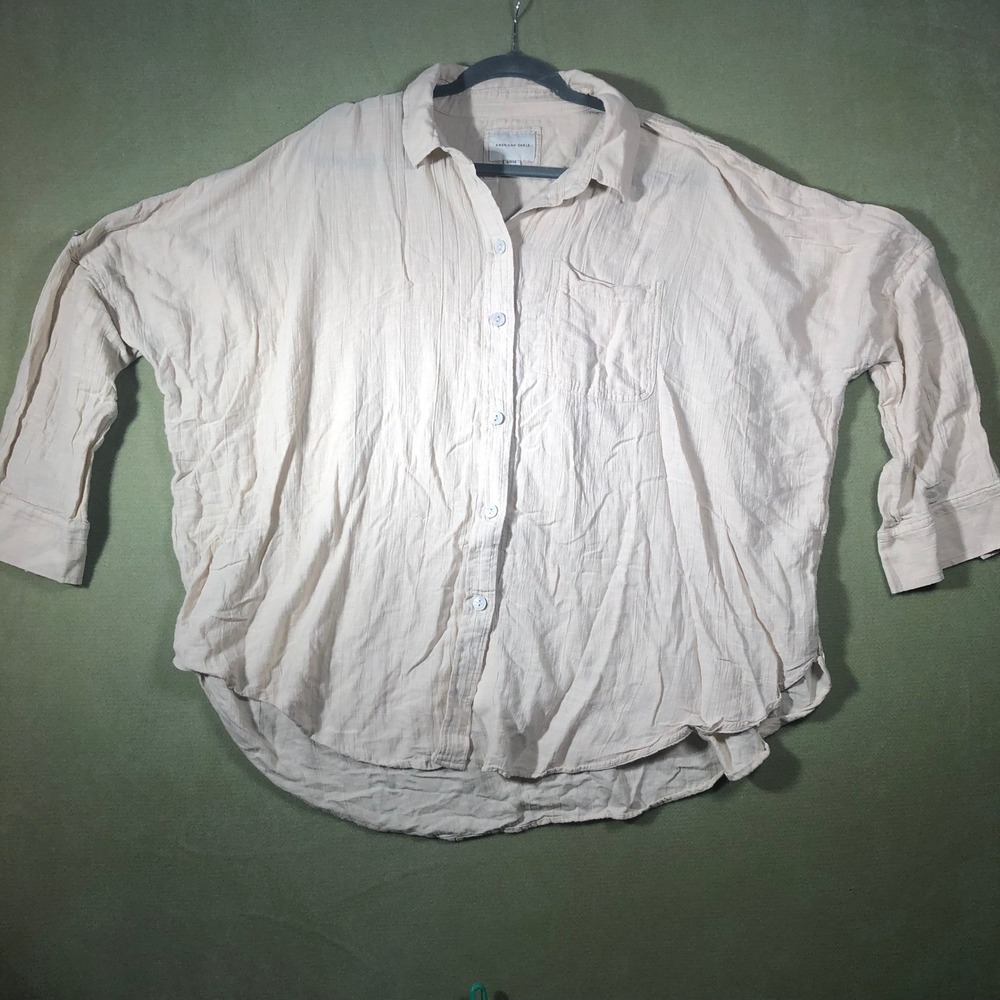 American Eagle Button Down Shirt Womens Small Beige Oversized Textured Cotton